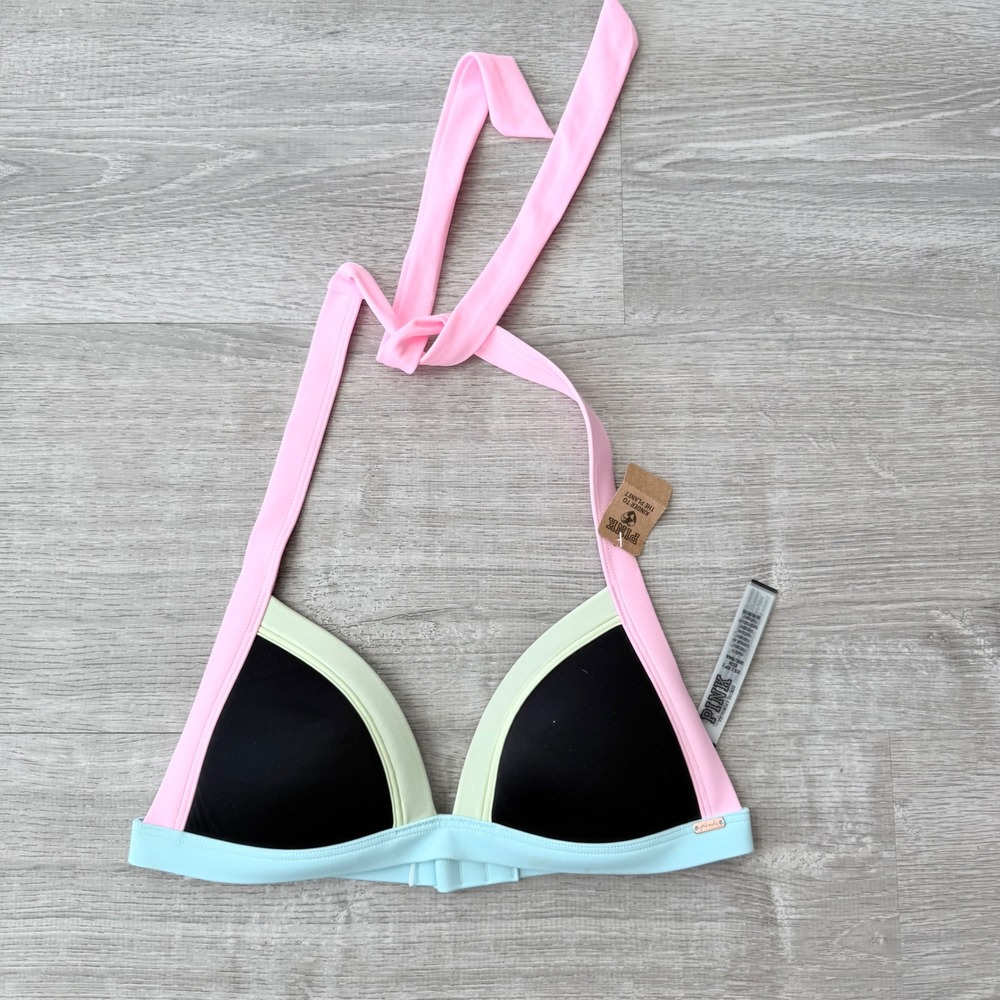 Victoria's Secret PINK Colorblock Halter Triangle Bikini Top Black Pink XS NWT